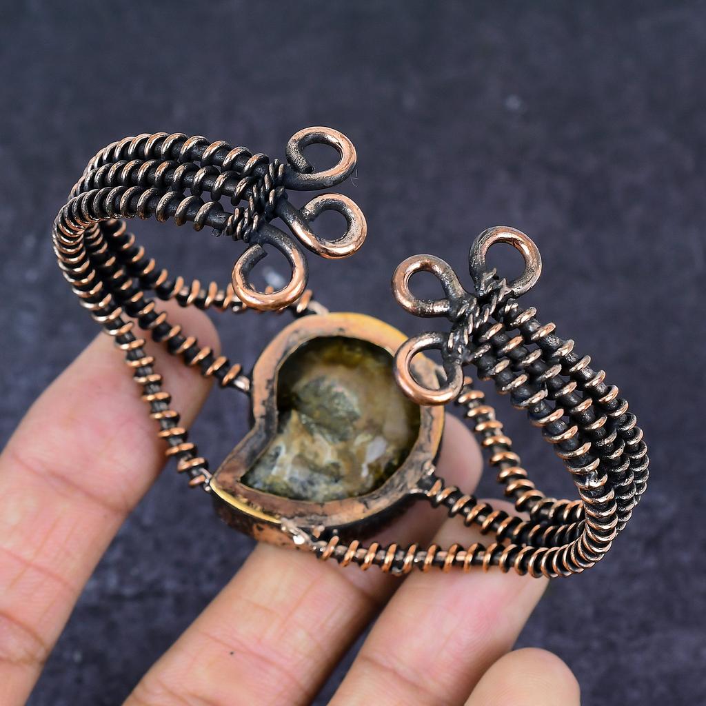 Natural Ammonite Fossil Gemstone Copper Wire Wrap Cuff Bangle Adjustable f7Q36