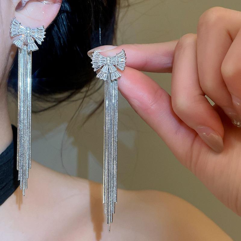 New Trendy Full CZ Cubic Zirconia Bowknot Long Chain Tassel Drop Earrings for Women 18K Real Gold Silver Plated Copper