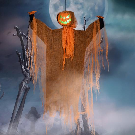 Halloween Hanging Pumpkin Ghost with Lighted Head Sound Rotating Motion Spooky Skeleton Props Outdoor Tree Porch Garden Party Decoration