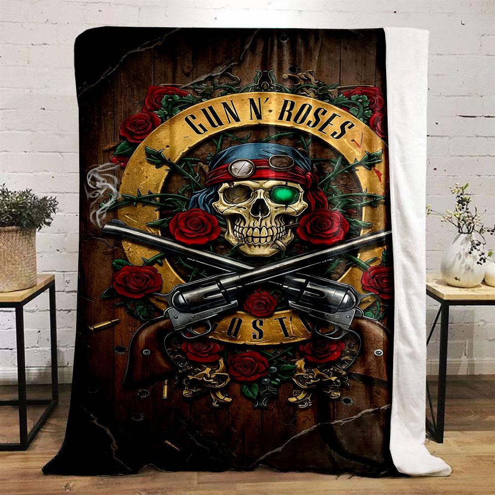 Skull with Guns and Roses Design Patterned flannel blanket perfect for the bedroom living room, sofa, or a little nap