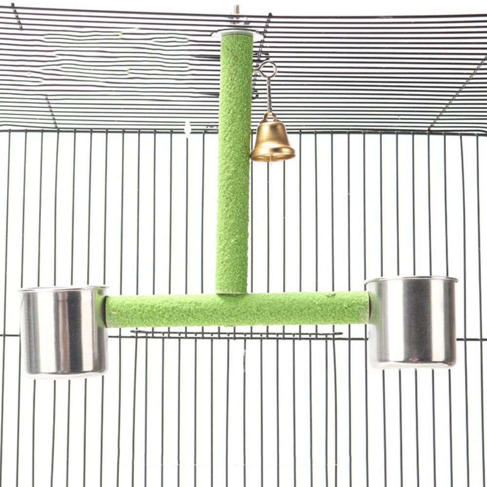 With Feeding Cups Bird Training Stand Easy To Install Wooden Beak Grinding Stick Parakeet