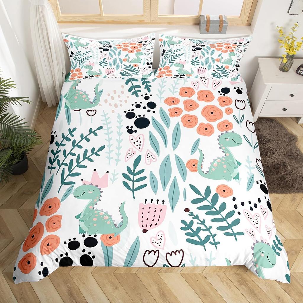 Kawaii Dinosaur Duvet Cover Set Cartoon Animal Theme Bedding Set For Kids Teenagers Bedroom Decor Double Queen King Quilt Cover