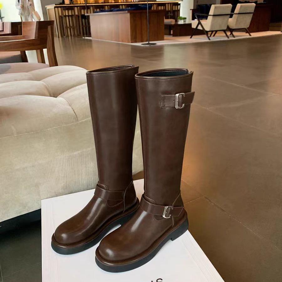 New Spot Grape Mother Autumn and Winter New Polish Pictorial~ Fashion Round Head Buckle with Thick Heel But Knee High Boots