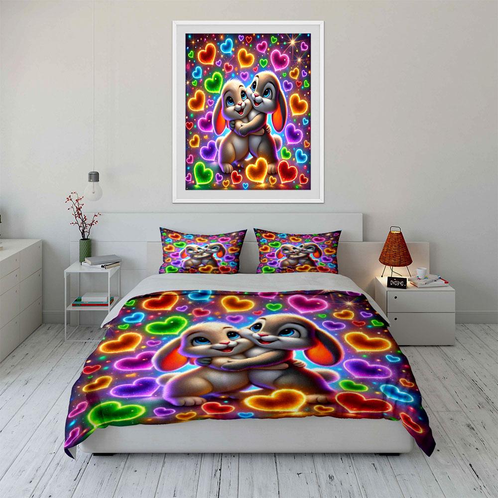 Colorful Bunny Love Set Multiple sizes kid's and adults' bedroom Exquisite 3PC bedding set, gift