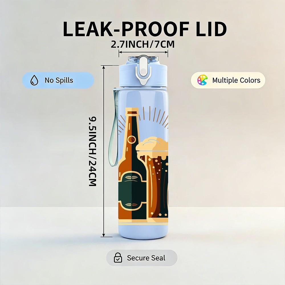 1PC Beer Bottle Glass Vintage Print 750ml Color Plastic Sports Water Bottle Leakproof Flip Straw Lid Suitable for Sports Office Home Use