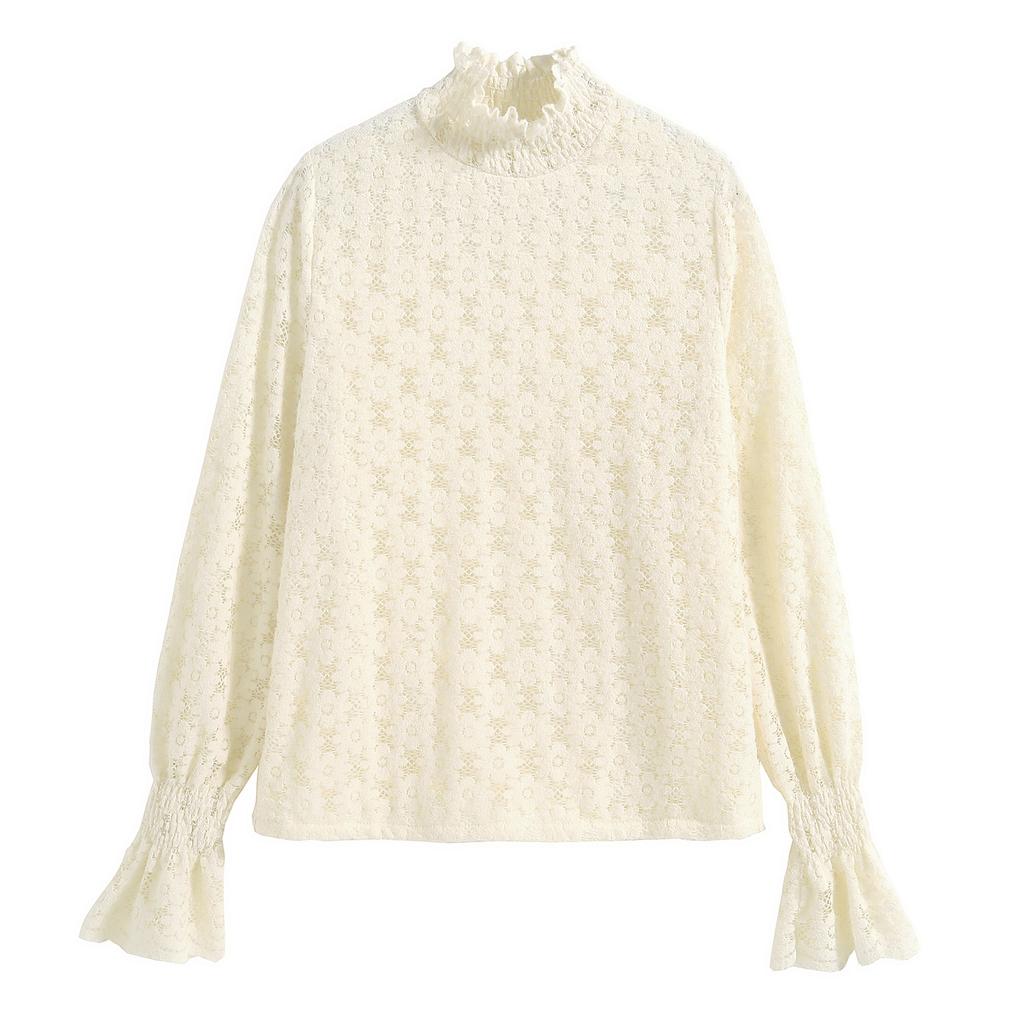 Осень-зима, новинка 2024 года, водолазка с длинным рукавом, тонкая абрикосовая бархатная кружевная блузка, рубашка, женские топы, блузки, рубашки J762