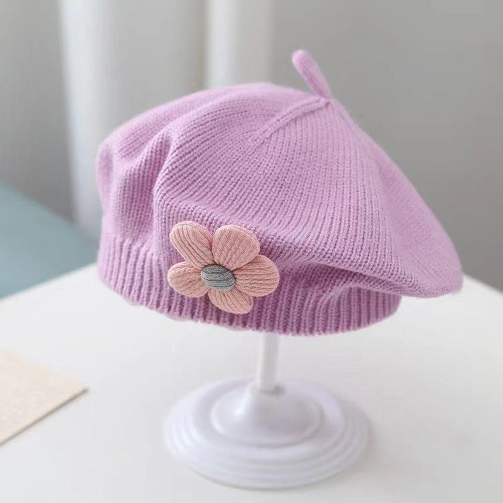 2020Flower Baby Beret Hat Winter Warm Knitted Beanie Cap for Infant Girls Korean Toddler Princess Artist Solid Color Painter Caps