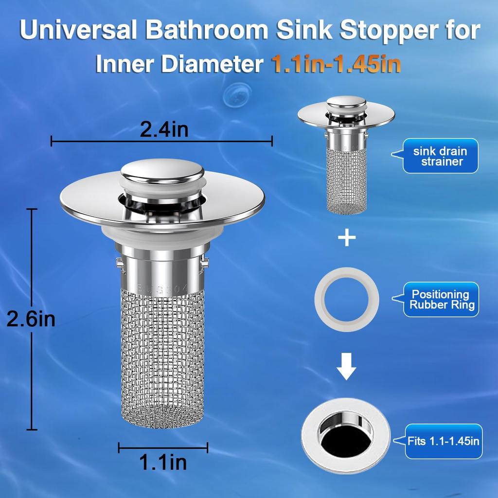 Bathroom Sink Stopper Hair Catcher, Pop-up Sink Drain Strainer with Removable Stainless Steel Strainer Basket Hair Catcher, Bathroom Sink Strainert.