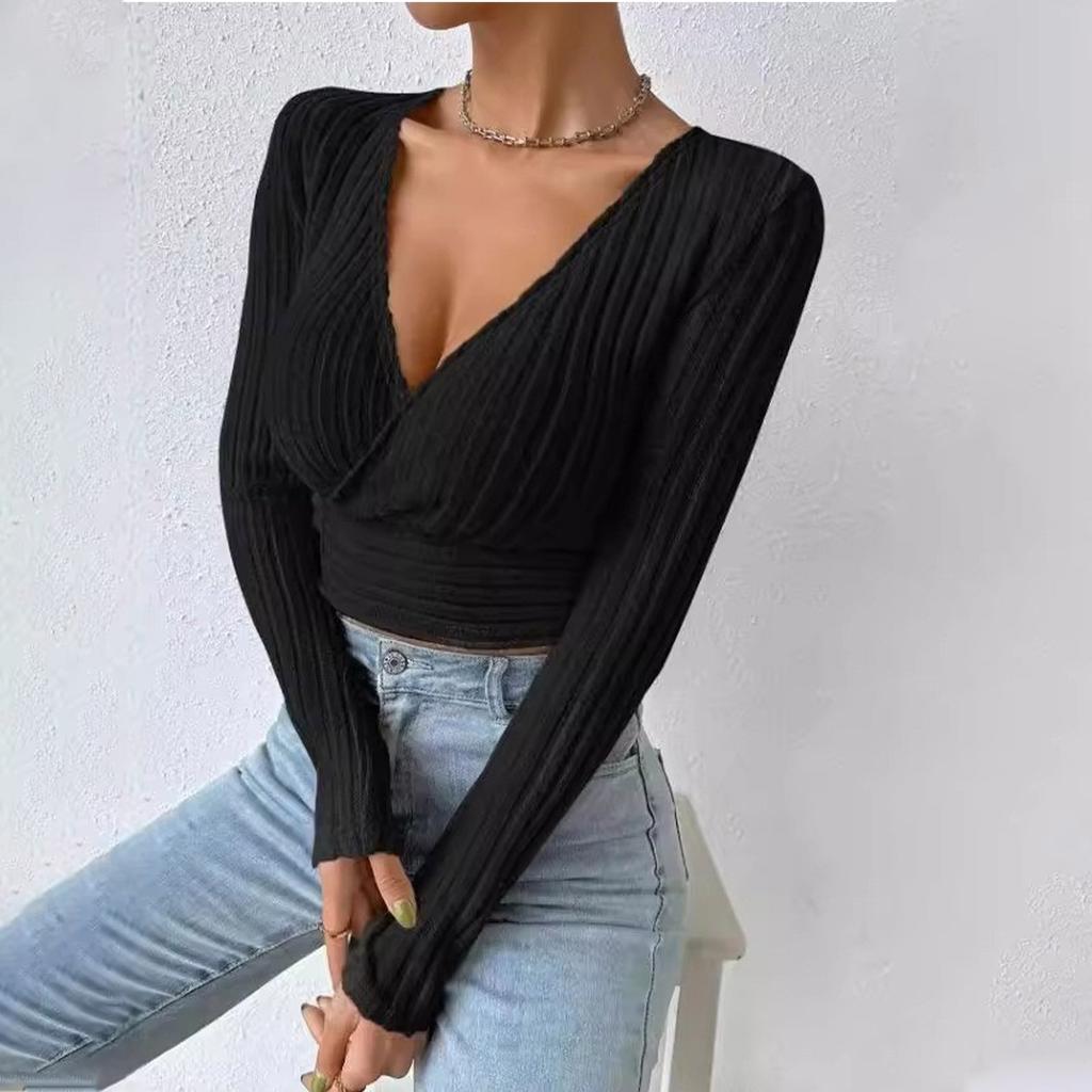 Ladies Short Hot Girl Deep V Neck Slim Sexy Long Sleeve Knitted