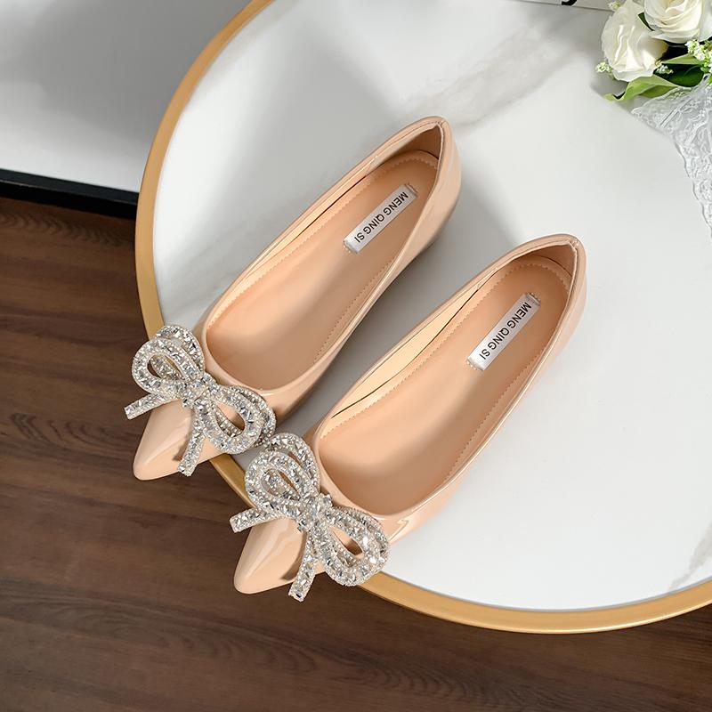 Fashion Ladies Japanned Leather Bowtie Flat Shoes Crystal Beading Bowknot OL Dress Shoes Woman 5cm Height Increasing Ballet Flats 2025