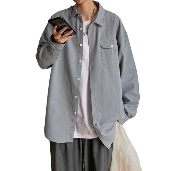 Мужская весенняя рубашка, свободный однобортный свободный отложной воротник с карманами, однотонный кардиган средней длины, повседневный мягкий дышащий мужской топ