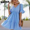 Women's Fashion Summer Spring Solid Color Print Short Sleeve V-Neck High Waist Casual Dresses
