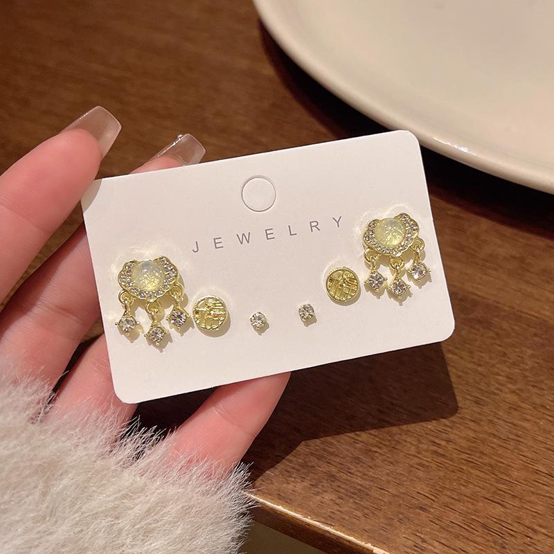 Exquisite Cat's Eye Stone Peace Lock Earrings: Six-Piece Set for Women - New Chinese Retro Style with Fashionable Elegance