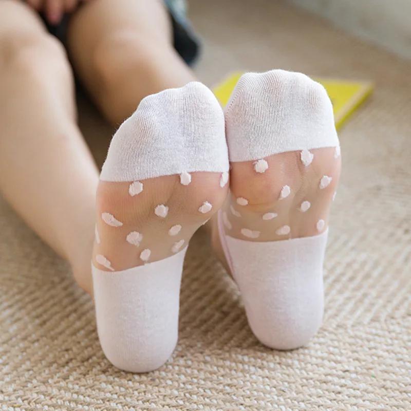 Летние женские шелковые носки до щиколотки с кружевом, ультратонкие, прозрачные из стекловолокна, модные носки в горошек, милый стиль Харадзюку, новые