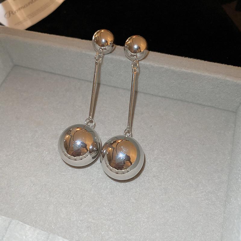 High Grade Metal Ball Long Silver Needle Earrings