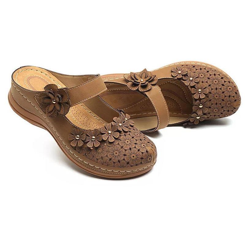2023 Women's Sandals Large Size Vintage Flat Sandals Round Toe Flower Wedges Thick Sole Slippers for Women