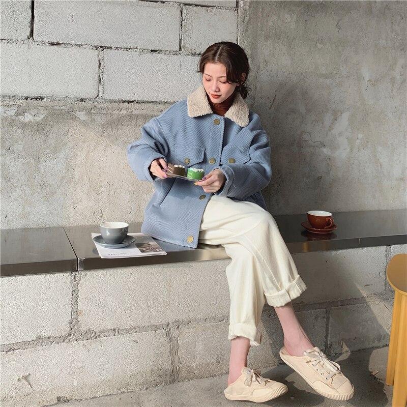 Turn-down Collar Women Jackets Autumn Winter Soft Warm Outerwear Oversize Wool Blends Pockets Short Coat