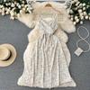 Gentle wind literary and sweet collar waist retro floral suspender skirt medium and long thin versatile Platycodon fairy skirt