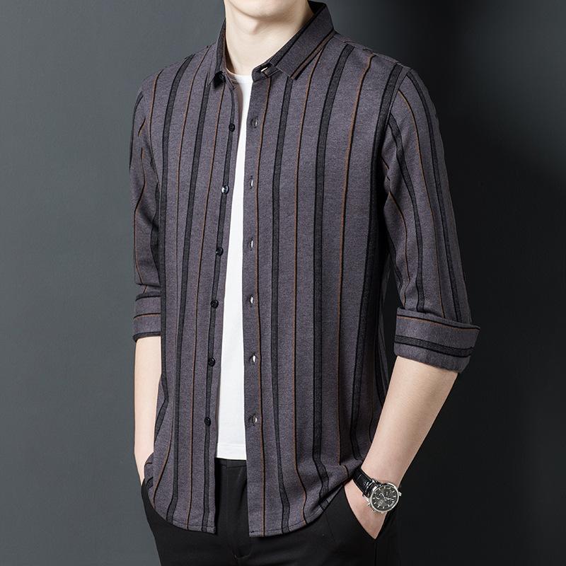 Деловая повседневная мужская рубашка, весенняя мягкая ткань, удобная дышащая рубашка в полоску с лацканами