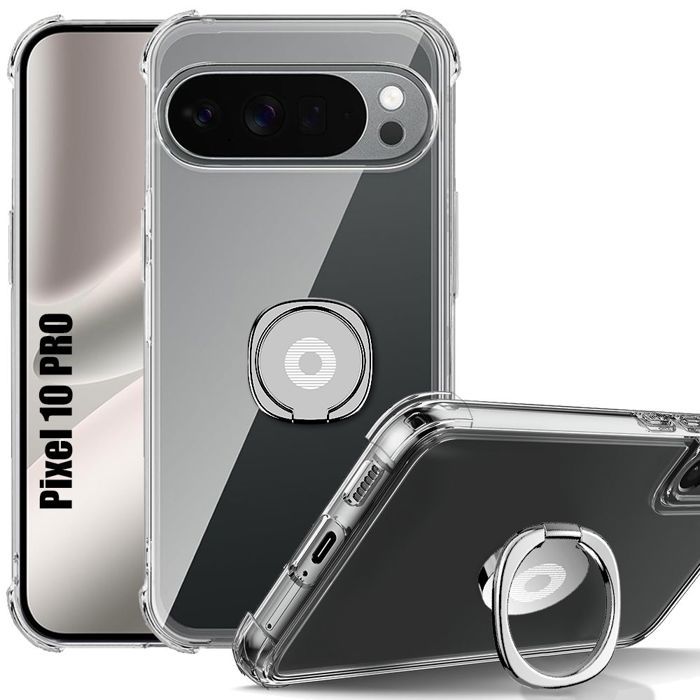 Coque pour Google Pixel 10 Pro, Antichoc Transparent avec Support Bague Argenté Réglable