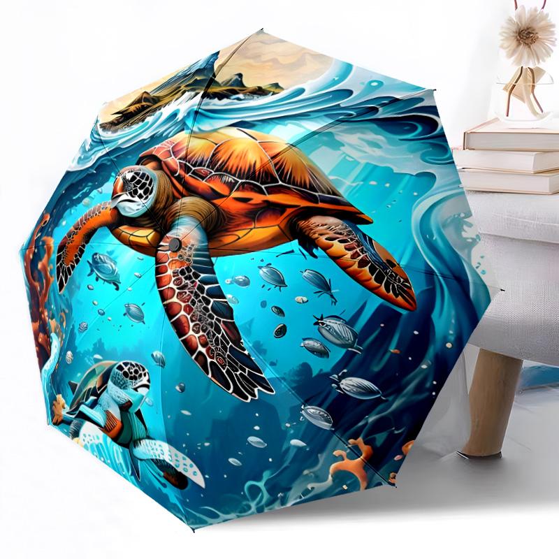 Ocean's Grace: Sea Turtle Artistry Automatic Umbrella Folding Umbrella with 8 Ribs Lightweight Durable Everyday Carry Umbrella Fashionable Accessory