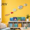 Kindergarten Wall Decoration 5Pcs Wooden Fish Decor, Rainbow Striped Tropical Ornaments with 3D Rental Friendly Art Embossed Texture, Lightweight