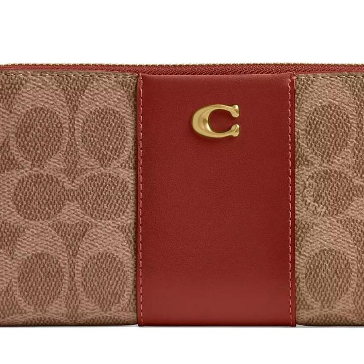 Coach Основной 20 Металлический Логотип Кошелек на Молнии Покрытый Холст и Телячья Кожа Унисекс Кошелек Латунный Коричневый CS031-B4NQ4