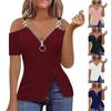 Women's Stripe Solid V-neck Zipper Strap Slim Fit Off Shoulder Short Sleeved T-shirt