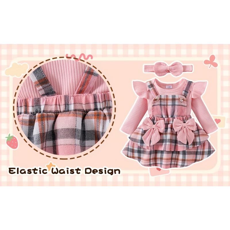 Baby Girl Clothes Newborn Infant Long Sleeve Jumpsuit with Headband Outfits Set 3pcs Bow Fall Winter 0-18 Months, for Outdoor