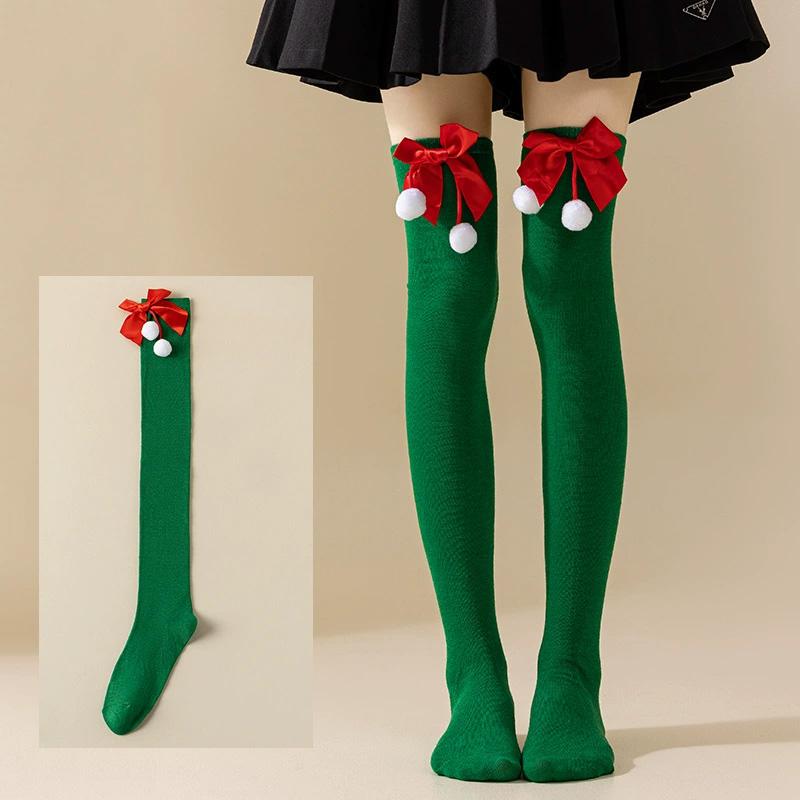Women with Bow Accent for Women Girls Christmas Socks Knee-High Over-the-Knee Elegant Red & Green Striped Long Socks