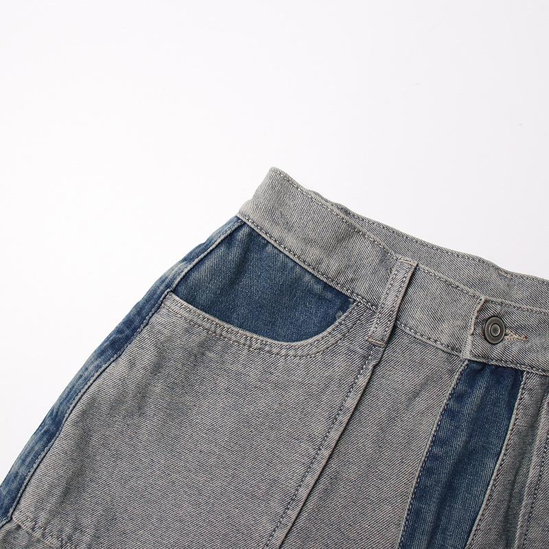 Весна 2025 г. Узкие джинсовые брюки с высокой талией и цветными блоками — европейский и американский стиль