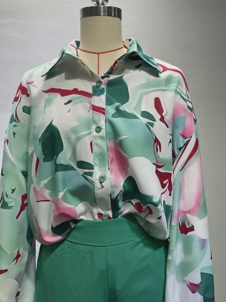 2024 Summer Women's Casual Printed Shirt & Wide-Leg Pants Set - Loose Fit, Large Size, European & American Style