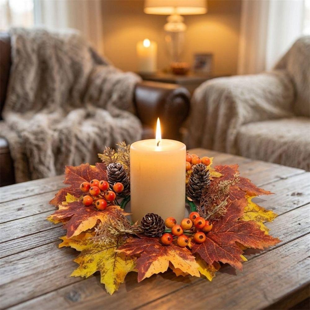 Rustic Fall Candle Ring Wreath Maple Leaves Long Lasting Artificial Maple Mini Wreath Fade Resistant Tabletop Centerpiece Wreath