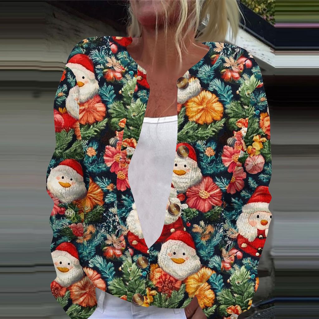 Women's Fashion Christmas Printed Long Sleeve Knitted Cardigan Button Down Jacket