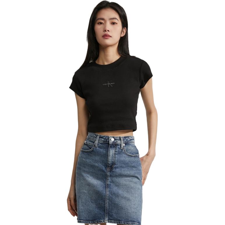 Calvin Klein Приталенная футболка с круглым вырезом и монограммой с логотипом, женские топы, черный J221171-BEH