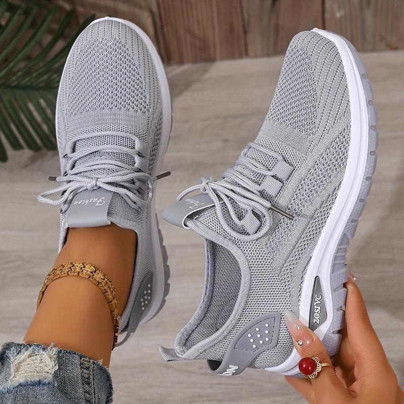 Women's White Low-Top Knit Sneakers Lightweight Lace-Up Anti-Slip All-Season Casual Light Workouts