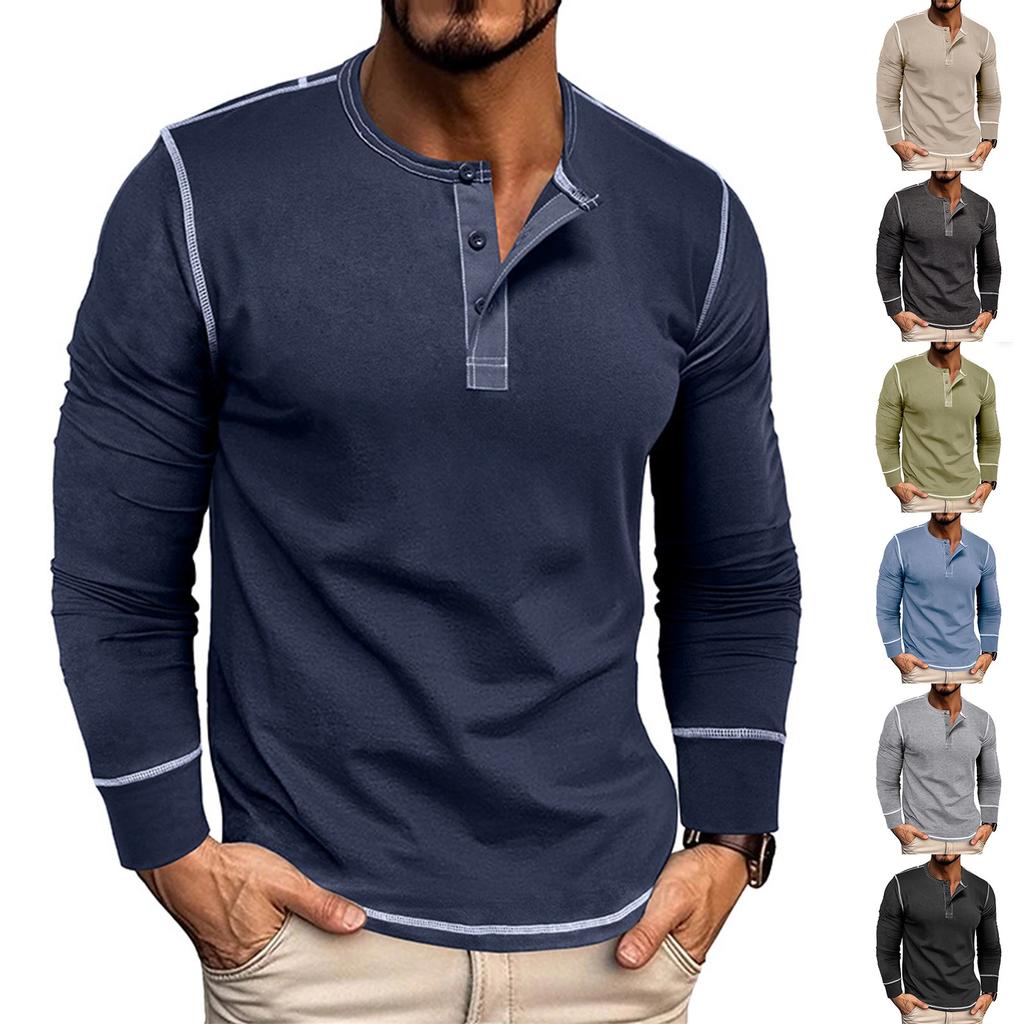 Men's Long Sleeve Shirt Men's Round Neck Button T-Shirt Color Block Top