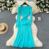 Autumn Winter Women Elegant V-neck Full Sleeve Knitted Pullover Sweater Long Maxi Party Mermaid Dresses