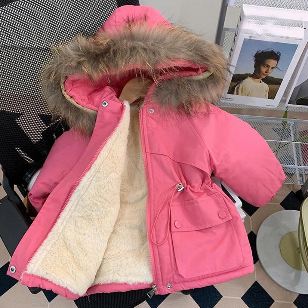 Girls Winter Coat Solid Color Hat Plus Velvet Cotton Coat Fashionable