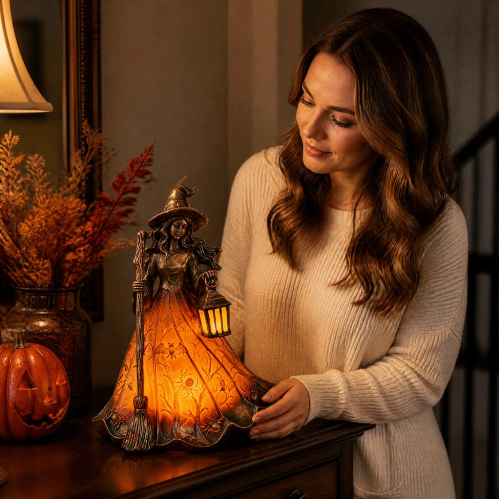 Scary Broomstick Witch Statues Standing Design Resin Night Light Bedroom Decoration