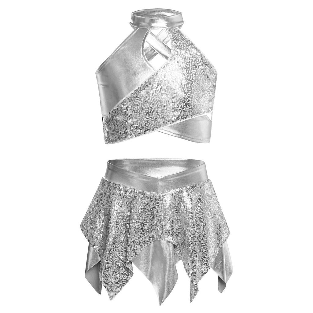 Костюм для джазового танца для девочек, блестящие пайетки, металлический кроп-топ, дизайн с перекрещенным вырезом, асимметричная юбка, наряд для выступления и соревнований
