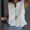 Белый жилет из хлопка и льна, плиссированный короткий топ со шнуровкой, женский, с круглым вырезом, без рукавов, с оборками, топы для отпуска и пляжа, лето