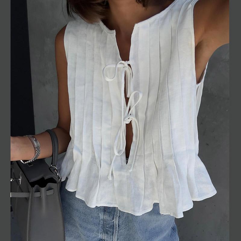 Белый жилет из хлопка и льна, плиссированный короткий топ со шнуровкой, женский, с круглым вырезом, без рукавов, с оборками, топы для отпуска и пляжа, лето