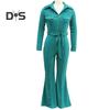 Women Fall Spring Jumpsuit Lapel Half Single-breasted Solid Color Long Sleeve Slim Fit Flared Cuff Low-cut Belted High Waist Elastic Lady Long