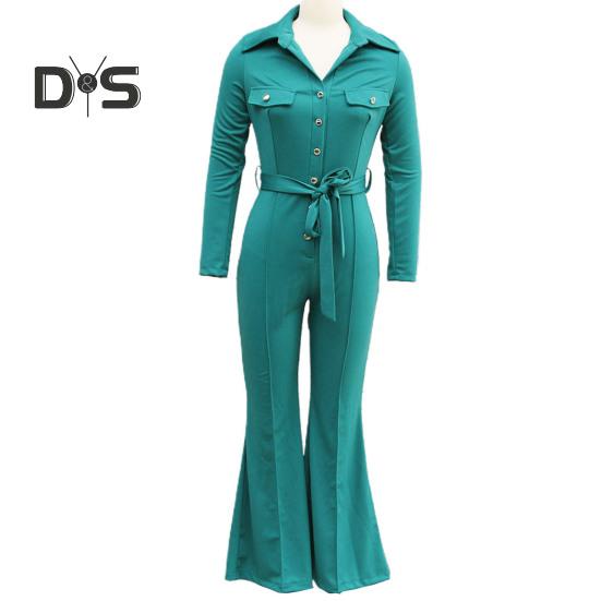 Women Fall Spring Jumpsuit Lapel Half Single-breasted Solid Color Long Sleeve Slim Fit Flared Cuff Low-cut Belted High Waist Elastic Lady Long