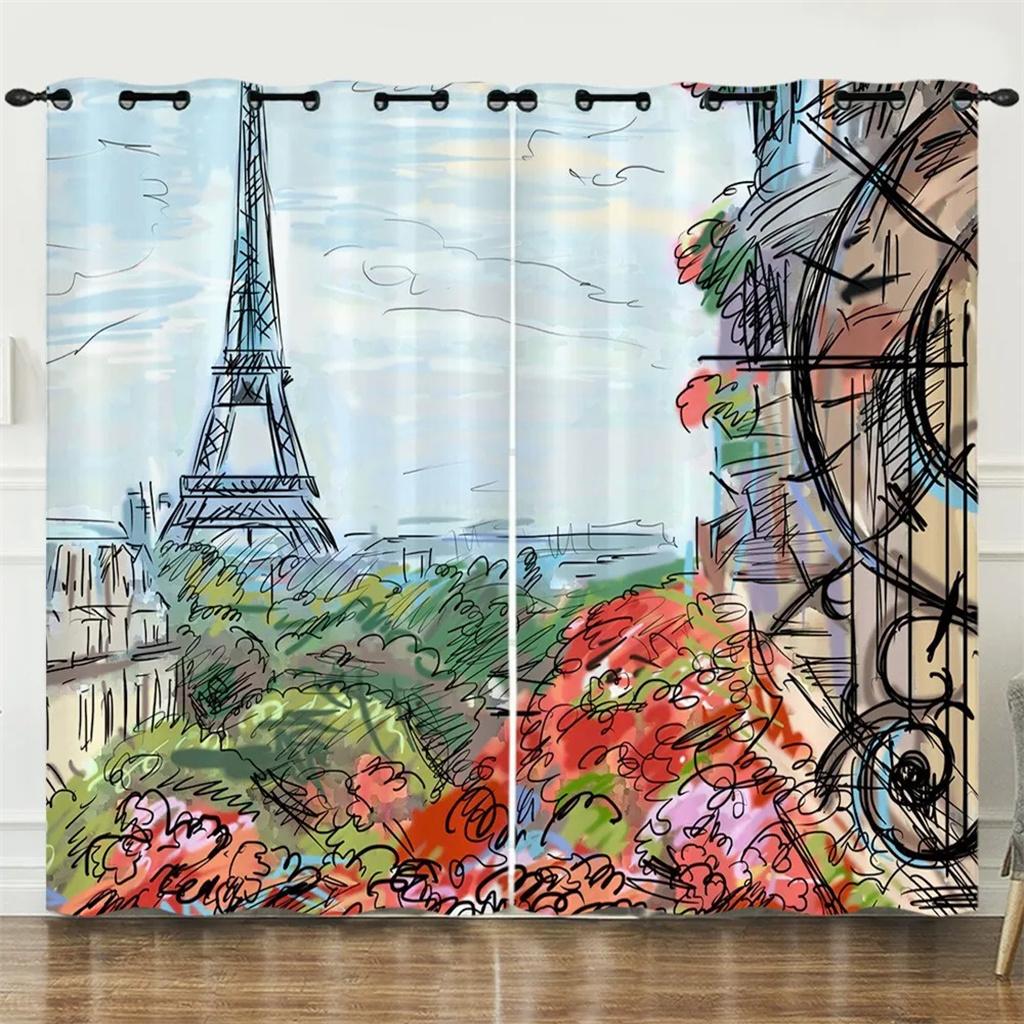 3D Print Modern City Lovers Paris Eiffel Tower Maple Leaf Free Shipping 2 Pieces Curtain for Living Room Bedroom Decor Hook