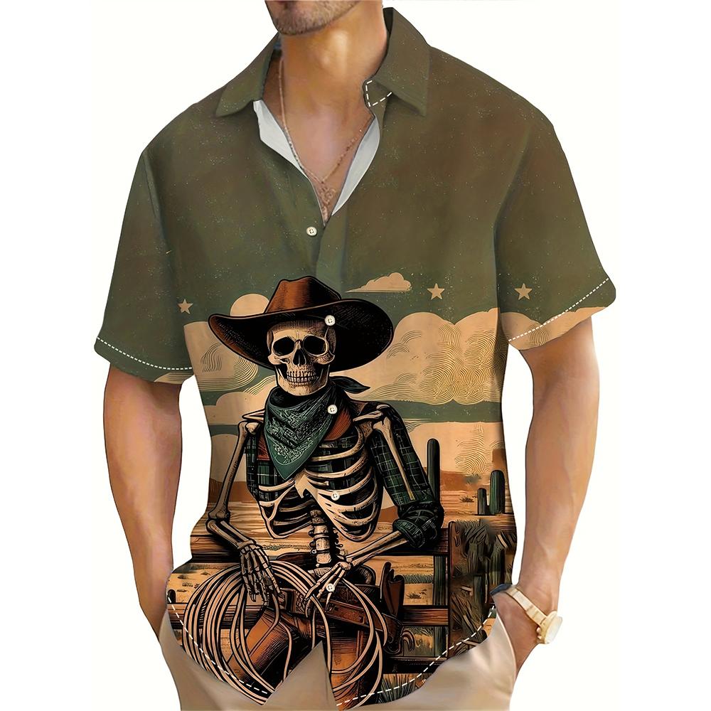 Мужская рубашка с принтом черепа в стиле вестерн-ковбой, летняя мужская повседневная рубашка с коротким рукавом, модная мужская футболка большого размера