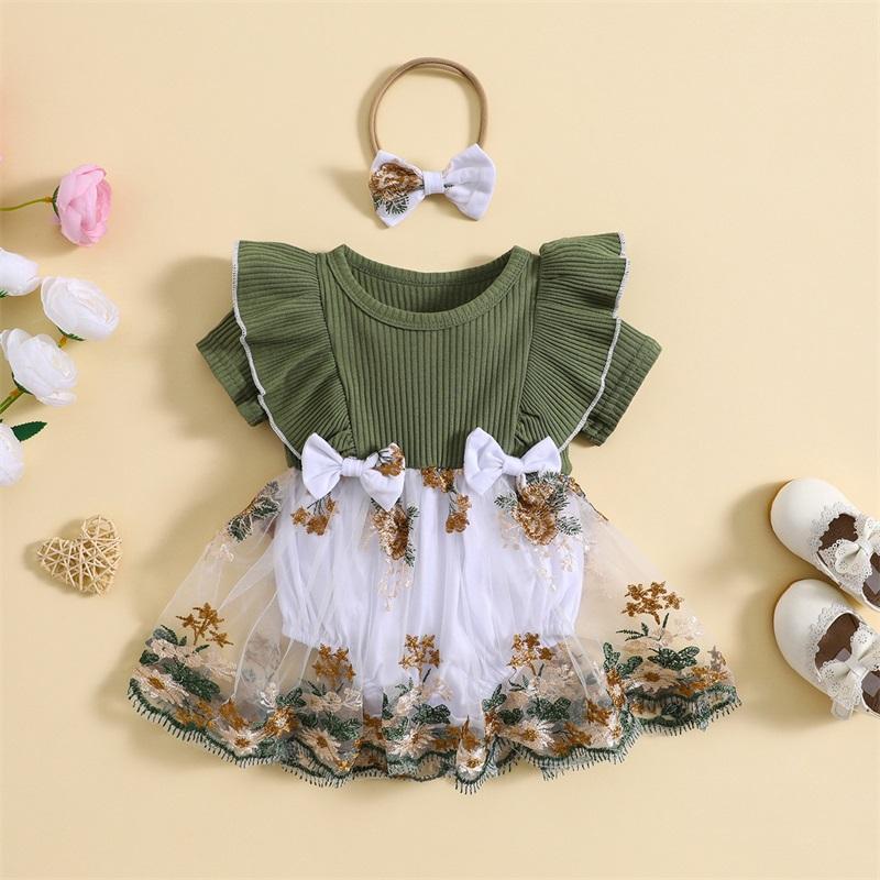 Infant Baby Girls Romper Dress Flower Embroidery Knit Rib Ruffles Crew Neck Jumpsuits Summer Bodysuits with Bow Headband