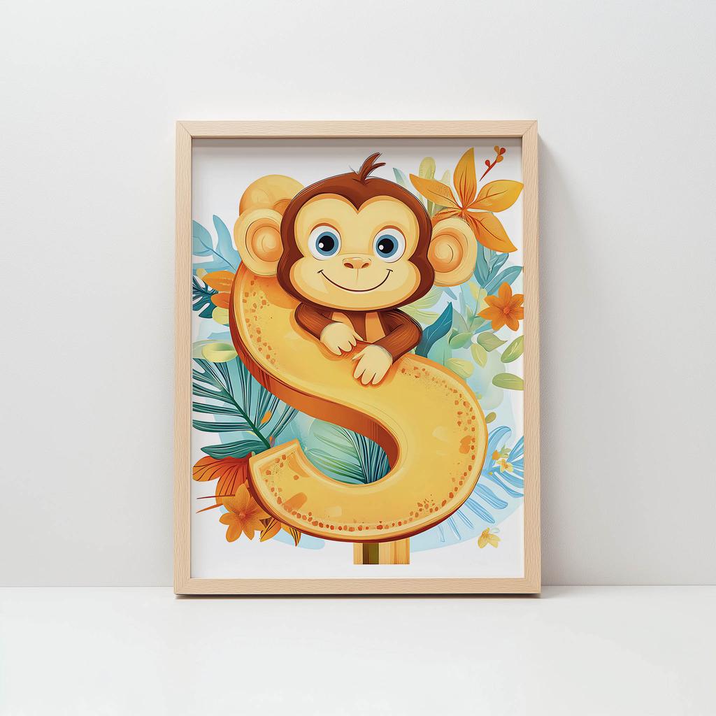 Poster Cheerful Monkey And Letter S Poster Cheerful Monkey And Letter S, 40X50 Cm, Gold Aluminum Frame, 230 Gsm Matte Paper