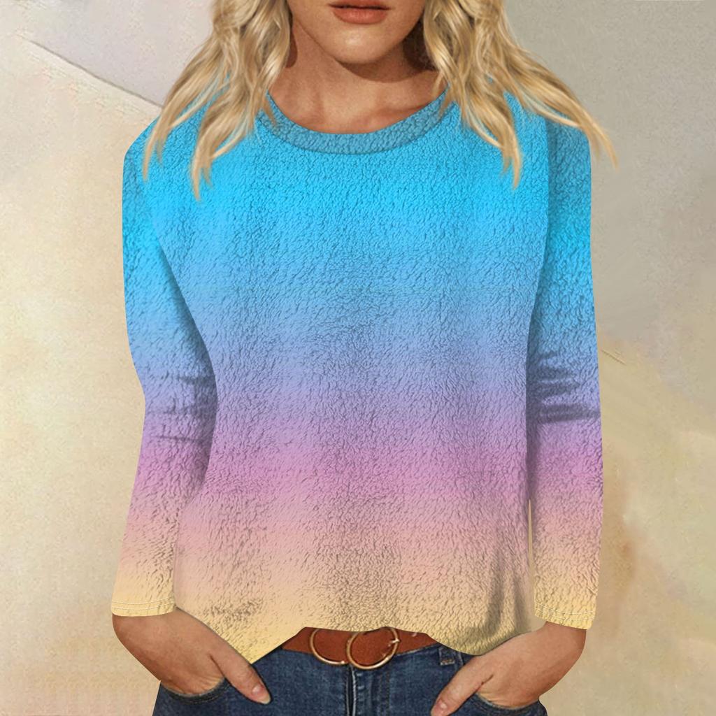 Женская модная повседневная футболка с длинными рукавами и круглым вырезом с градиентным цветом